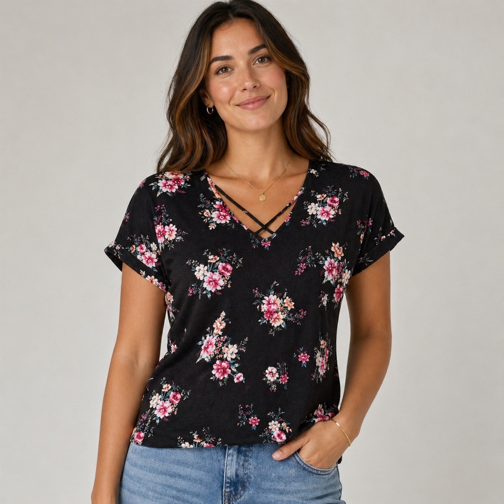 Flower & Feather Black Floral Criss Cross V Neck Blouse Womens 1XL Boho